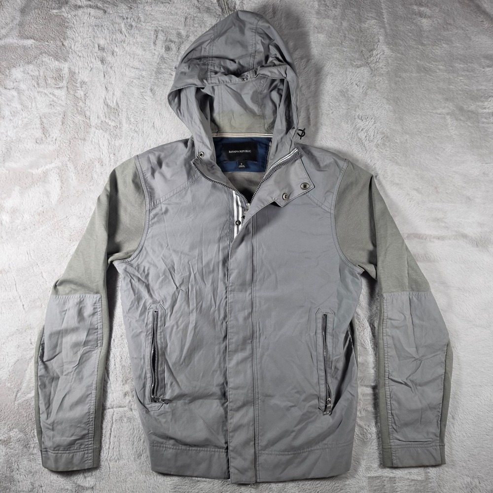 Banana Republic Mixed Media Jacket‎ Mens Small Grey Hooded Full Zip Utility